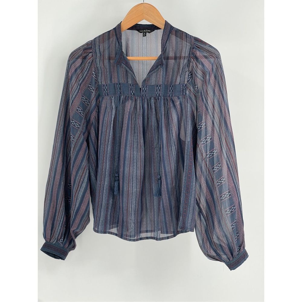 Lucky Brand Top Women Size Medium Blue Sheer Balloon‎ Sleeve Stripe Peasant